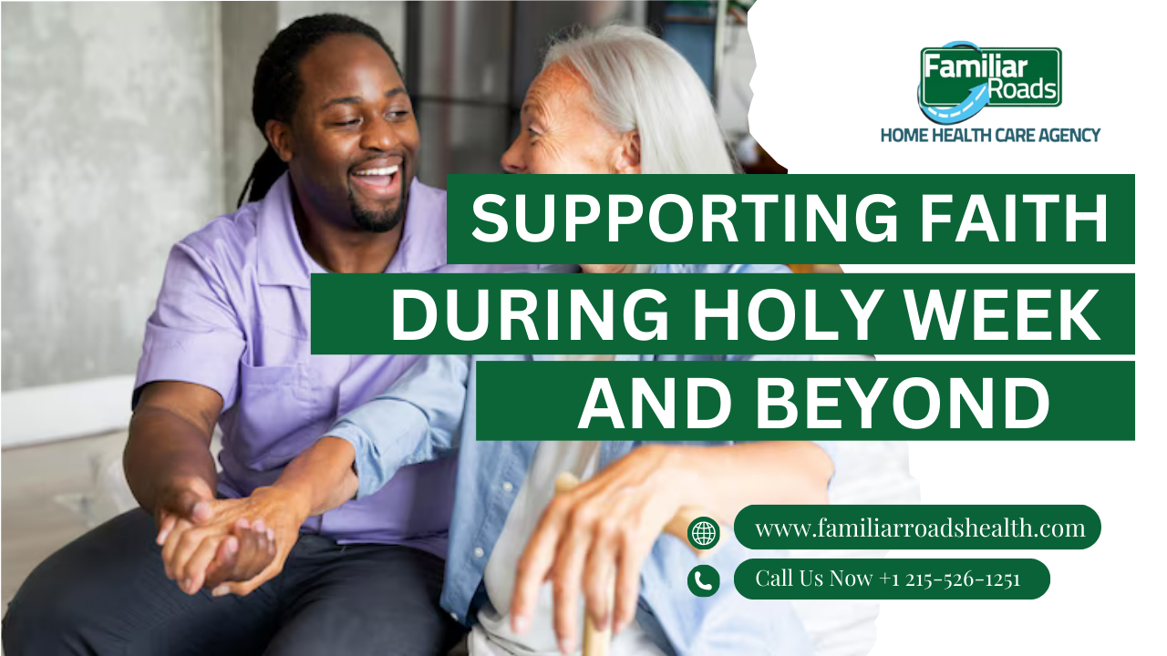 Elderly woman praying with a caregiver during Holy Week – A senior client holding hands in prayer with a caregiver beside a lit candle, creating a peaceful and spiritual moment at home.