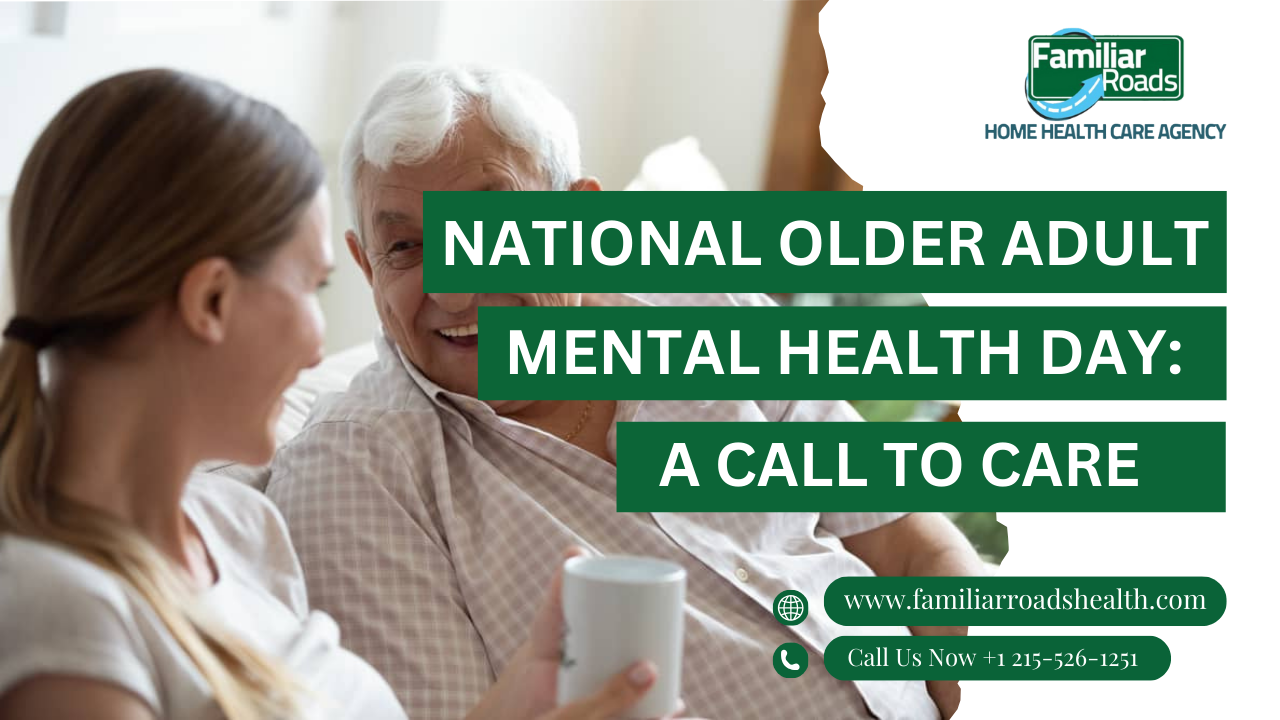 Smiling older adult sitting with a caregiver, symbolizing emotional support and mental wellness on National Older Adult Mental Health Day.