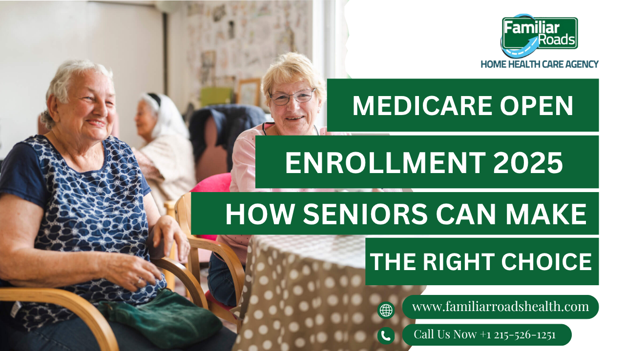 Older man reviewing Medicare documents with a caregiver in his living room