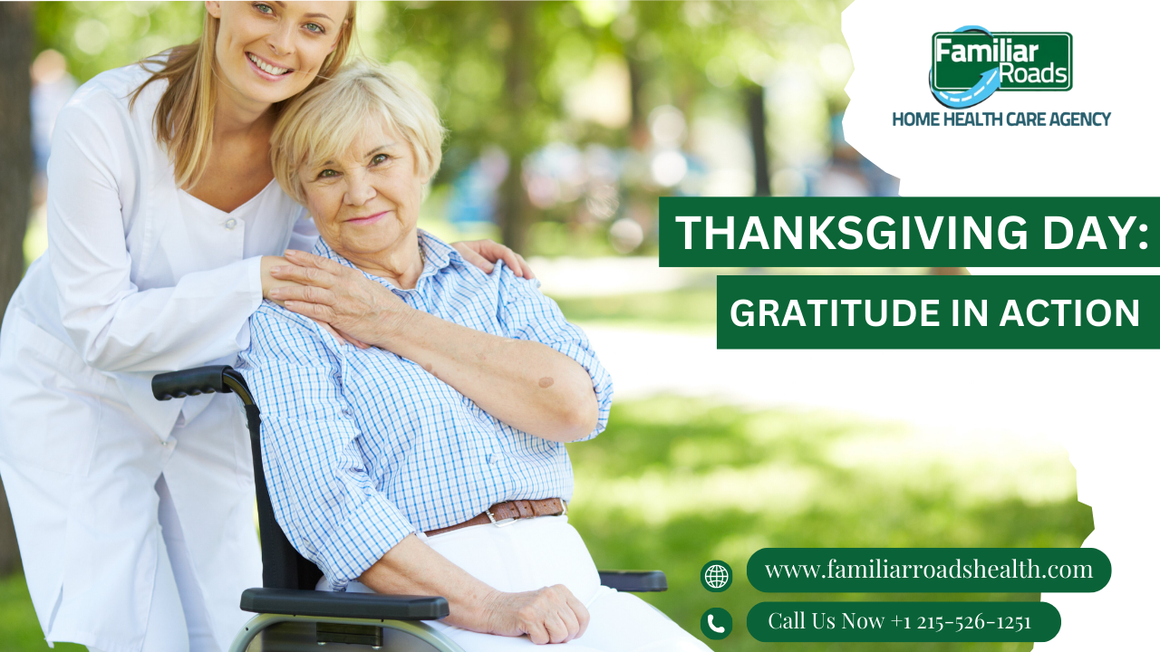 Caregiver supporting an elderly client during Thanksgiving, expressing gratitude and connection.
